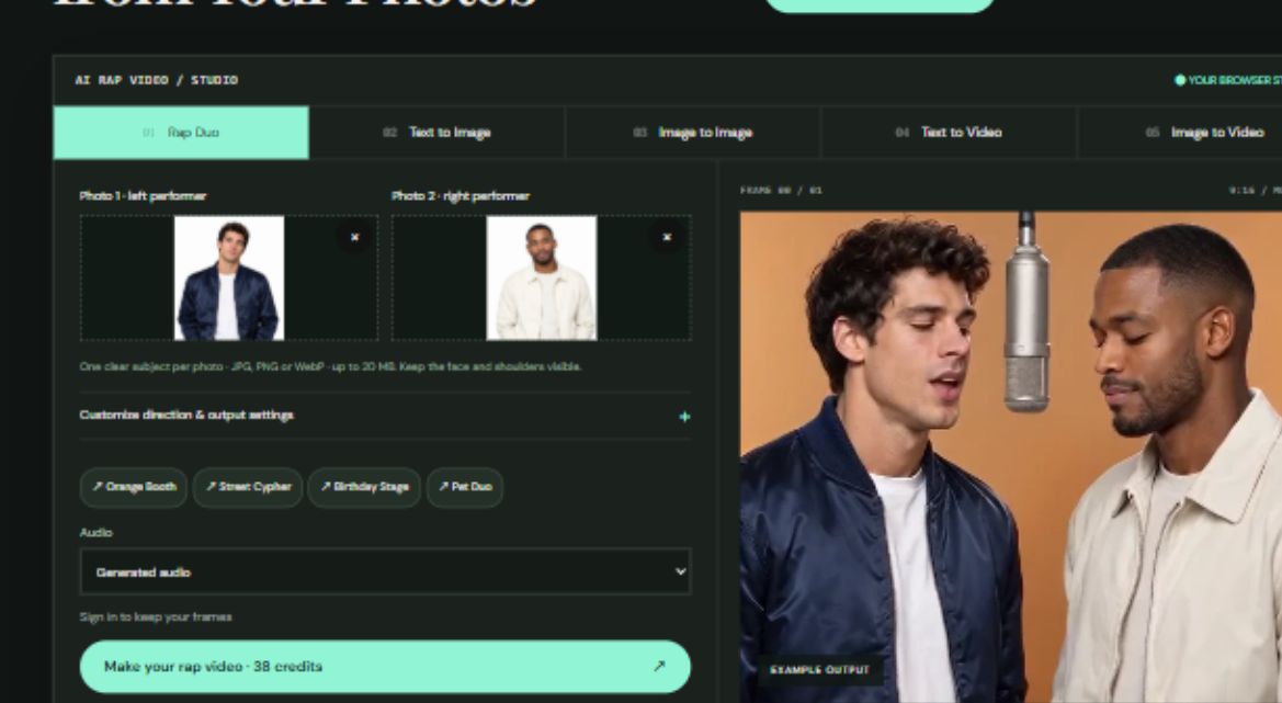 AI Rap Video actual workbench showing the two portrait upload positions, scene presets and credit quote